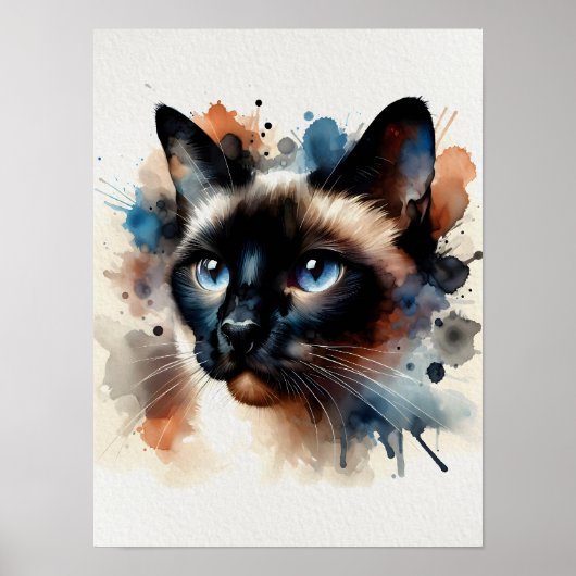 Aquarell Siamese Katze Farbiges Portrait Poster (Vorne)