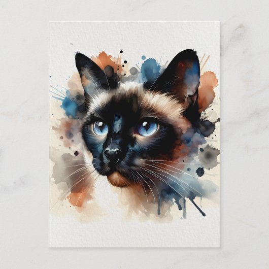 Aquarell Siamese Katze Farbiges Portrait Postkarte (Vorderseite)