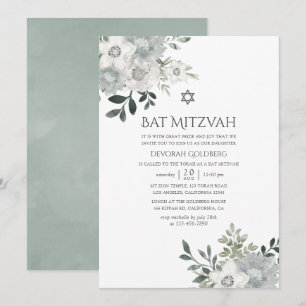 Aquarell Silber-Salbei-Blumen Bat Mitzvah Einladung