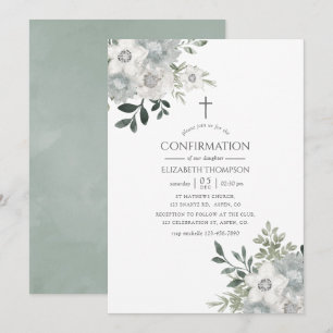 Aquarell Silber-Salbei-Blumen-Konfirmation Einladung