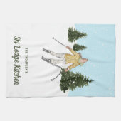 Aquarell-Skifahrerin an den Hängen Winterblau Geschirrtuch (Horizontal)