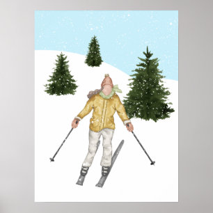 Aquarell-Skiläuferin und Hänge mit Tannen im Winte Poster