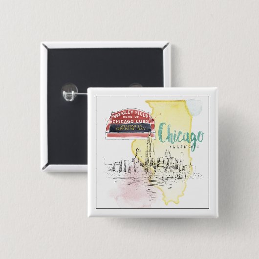 Aquarell-Skizze-Bild Chicagos, Illinois | Button (Vorne & Hinten)