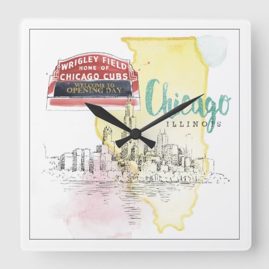 Aquarell-Skizze Chicagos, Illinois | Quadratische Wanduhr (Vorderseite)