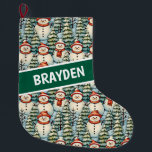 Aquarell Snowman Weihnachten Personalisiert Großer Weihnachtsstrumpf<br><div class="desc">Wasserfarbene,  gemütliche Schneemänner in warmen Rottüchern und warmen Strick Hüten und einem hübschen grünen,  roten und blauen Kiefernhintergrund personalisierter Weihnachtsfeiertag.</div>