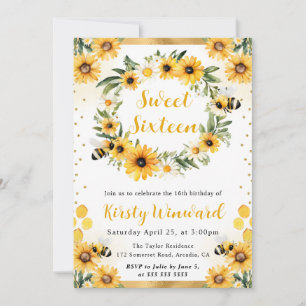 Aquarell-Sommer-Biene und Sonnenblumen Sweet 16 Einladung