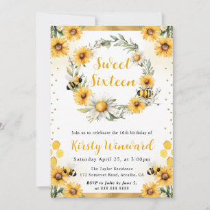 Aquarell-Sommer-Biene und Sonnenblumen Sweet 16 Einladung