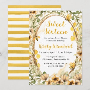 Aquarell-Sommer-Bienen und Blumen Sweet Sixteen Einladung