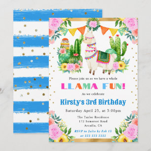 Aquarell-Sommer-Blumen-Lama-Kindergeburtstag Einladung