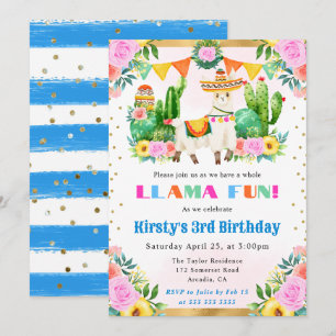 Aquarell-Sommer-Blumen-Lama-Kindergeburtstag Einladung