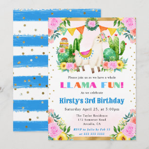 Aquarell-Sommer-Blumen-Lama-Kindergeburtstag Einladung