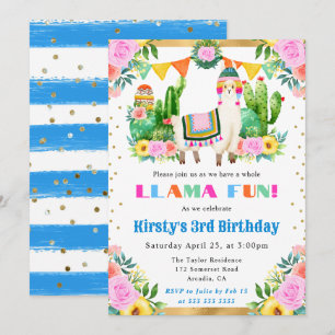 Aquarell-Sommer-Blumen-Lama-Kindergeburtstag Einladung