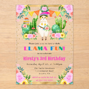 Aquarell-Sommer-Blumen-Lamas-Kindergeburtstag Acryleinladungen