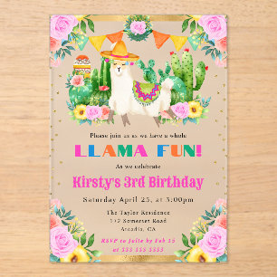 Aquarell-Sommer-Blumen-Lamas-Kindergeburtstag Acryleinladungen