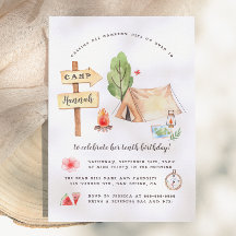 Aquarell Sommer Camping Mädchen Geburtstagsfeier