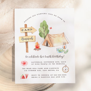 Aquarell Sommer Camping Mädchen Geburtstagsfeier Einladungspostkarte