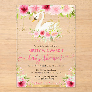 Aquarell Sommer Rosa Blumen Schwan Baby Shower Acryleinladungen