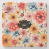 Aquarell-Sommerblumen-Muster monogrammiert Steinuntersetzer (Vorderseite)