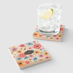 Aquarell-Sommerblumen-Muster monogrammiert Steinuntersetzer