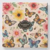 Aquarell-Sommerblumen-Schmetterlinge monogrammiert Steinuntersetzer (Vorderseite)