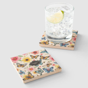 Aquarell-Sommerblumen-Schmetterlinge monogrammiert Steinuntersetzer
