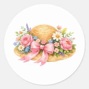 Aquarell-Sommerhut mit Blumen und Band Runder Aufkleber