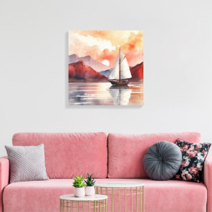 Aquarell-Sonnenaufgang mit Yacht Leinwanddruck