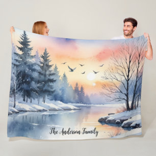 Aquarell-Sonnenaufgang Wintervögel See Personalisi Fleecedecke
