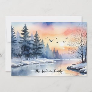 Aquarell-Sonnenaufgang Wintervögel See Weihnachten