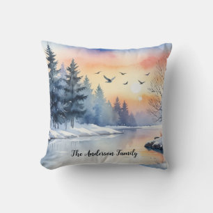 Aquarell-Sonnenaufgang Wintervögel See Weihnachten Kissen