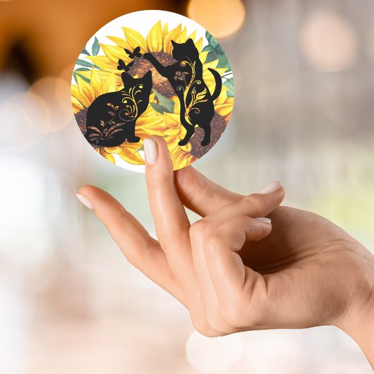 Aquarell Sonnenblume Bouquet Katze Silhouette Runder Aufkleber