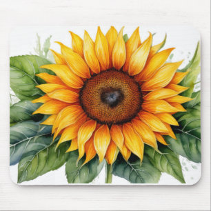 Aquarell-Sonnenblume mit grünen Blättern-Mauspad Mousepad