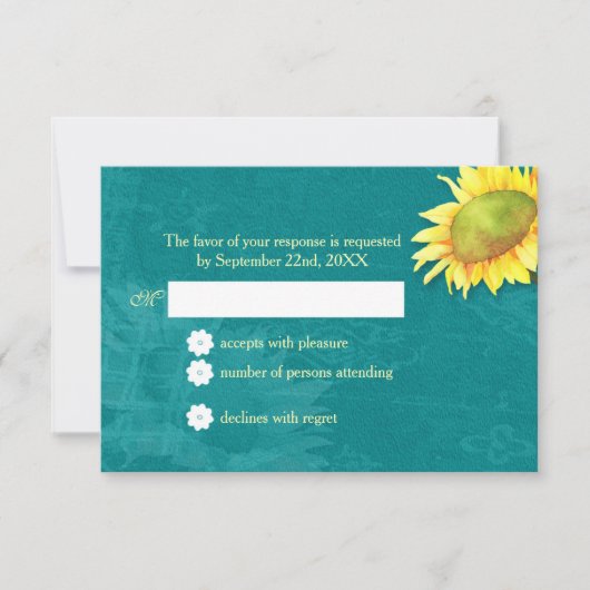 Aquarell Sonnenblume Rustic Blue Jade Wedding RSVP Karte (Vorderseite)