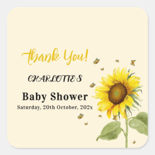 Aquarell-Sonnenblume & Schmetterlinge Baby Shower Quadratischer Aufkleber