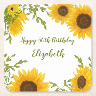 Aquarell-Sonnenblumen 50. Geburtstag-Getränkeunter Rechteckiger Pappuntersetzer