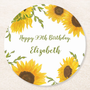 Aquarell-Sonnenblumen-99.-Geburtstags-Set coaster Runder Pappuntersetzer
