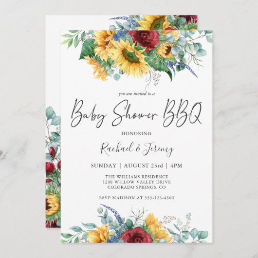Aquarell Sonnenblumen Bläserblütendusche GRILLEN Einladung (Vorne/Hinten)