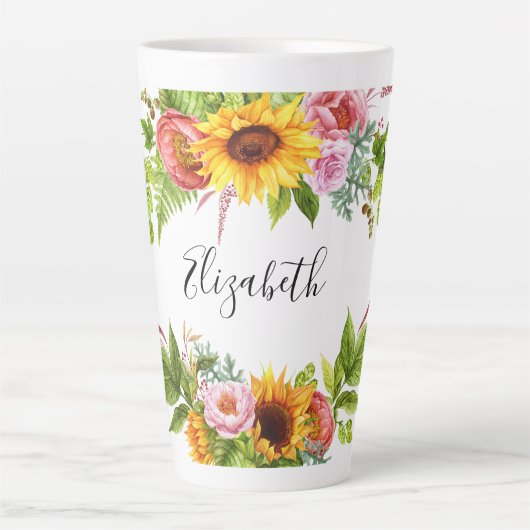 Aquarell Sonnenblumen Blumenname Grosser Name Milchtasse (Vorderseite)