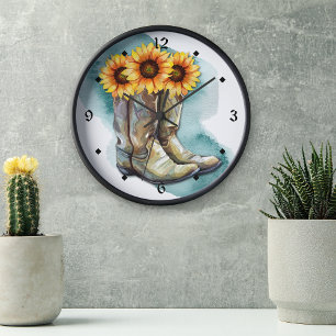 Aquarell Sonnenblumen Cowgirl Stiefel Große Wanduhr