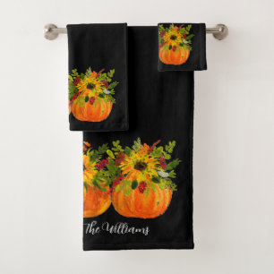 Aquarell-Sonnenblumen-Erntedank-Kürbisse Herbst Badhandtuch Set