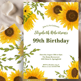 Aquarell-Sonnenblumen Frauen 99. Geburtstag  Einladung