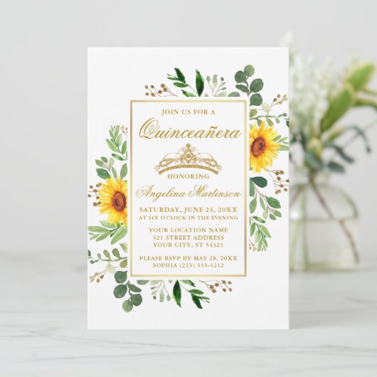 Aquarell Sonnenblumen Grüne Quinceanera Gold Einladung (Stehend Vorderseite)