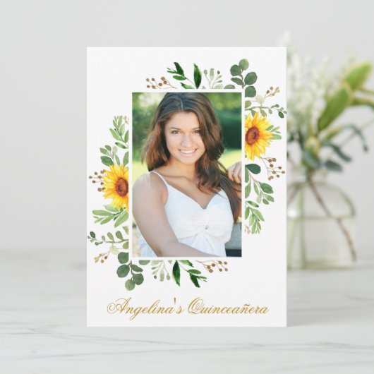 Aquarell Sonnenblumen Grünes Foto Quinceanera Einladung (Stehend Vorderseite)