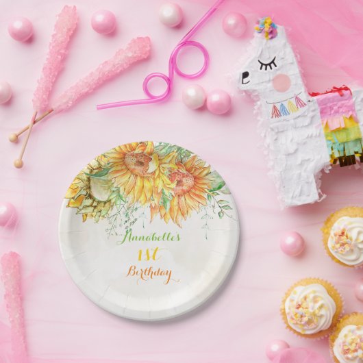 Aquarell Sonnenblumen Hellorange Gelb Grün Pappteller (Party)