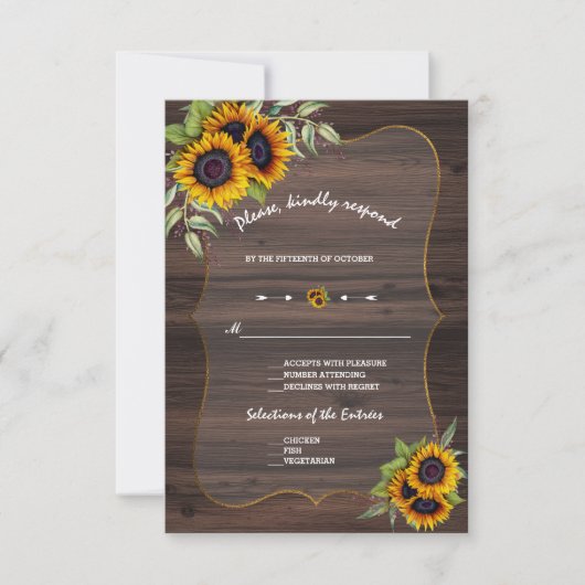 Aquarell Sonnenblumen Holz Hochzeit RSVP Karte (Vorderseite)