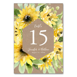 Aquarell-Sonnenblumen-Kraftpapier   Hochzeit Tischnummer