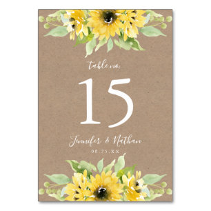 Aquarell-Sonnenblumen-Kraftpapier   Hochzeit Tischnummer