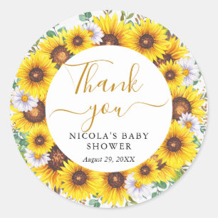 Aquarell-Sonnenblumen-Kranz-Baby-Party Runder Aufkleber