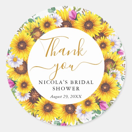 Aquarell Sonnenblumen Kranz-Brautparty Runder Aufkleber (Vorderseite)