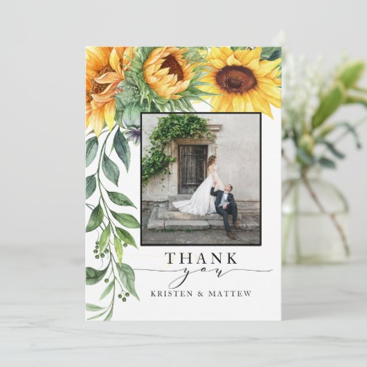 Aquarell Sonnenblumen Modernes Foto Dankeskarte (Stehend Vorderseite)